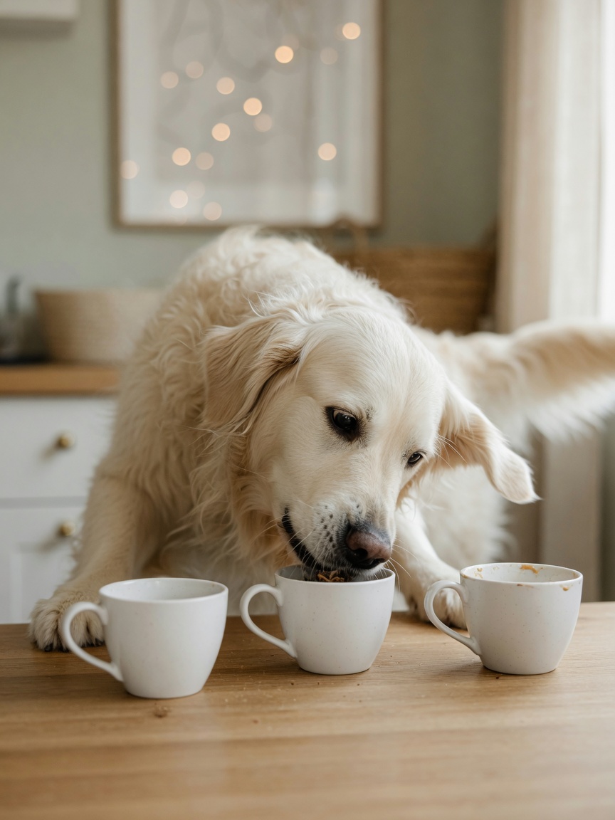 Golden Retriever performing nose work, sniffing beneath cups to find hidden treats