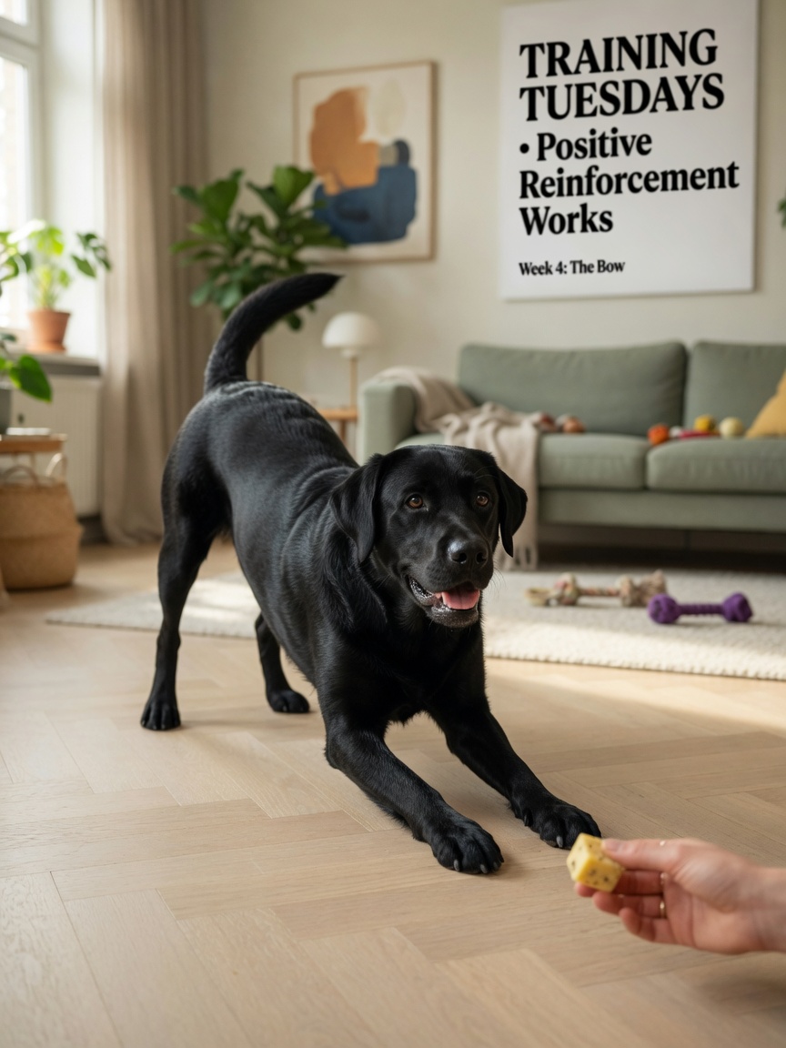 Black Labrador performing bow trick while owner rewards with treat during positive reinforcement training