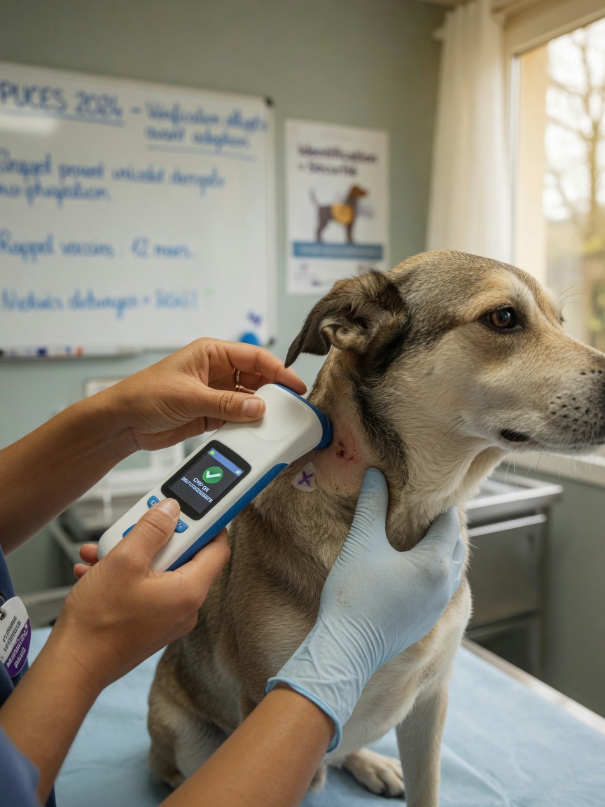Veterinarian scanning a newly implanted microchip to confirm it is reading correctly