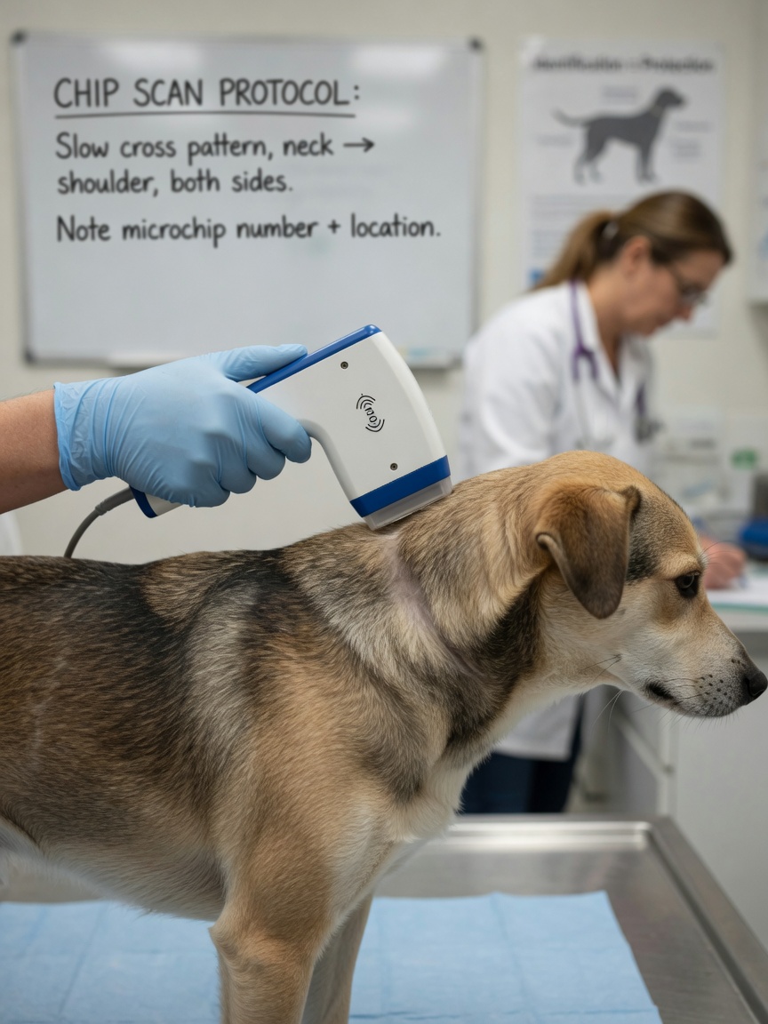 Veterinarian demonstrating cross-shaped microchip scanning technique on a dog's back and shoulders