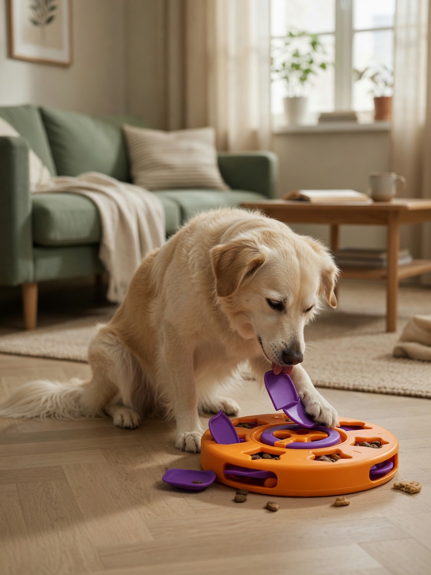 Dog calmly engaged with a food puzzle toy as positive redirection for managing mounting behavior