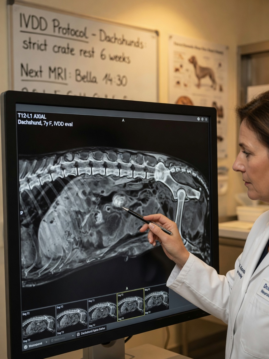 Veterinary neurologist examining detailed MRI images of a dog's spinal cord on a diagnostic monitor
