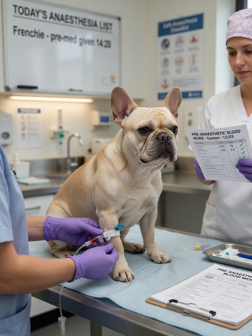 French Bulldog having an IV catheter placed before general anaesthesia for MRI scanning