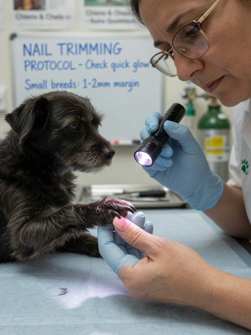Veterinarian using a flashlight to examine a dog's dark nail and identify the quick during trimming