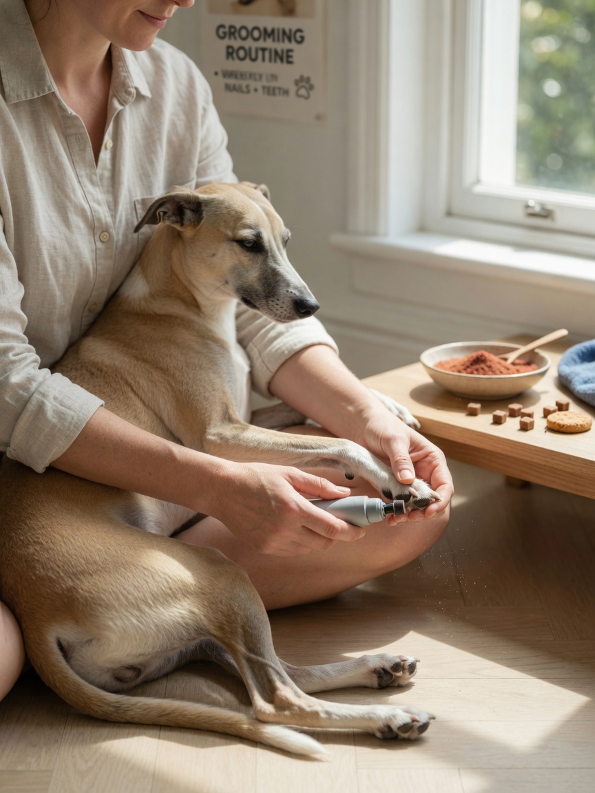 A dog owner positioned at home holding their dog's paw ready for nail trimming with a grinder, treats and styptic powder nearby