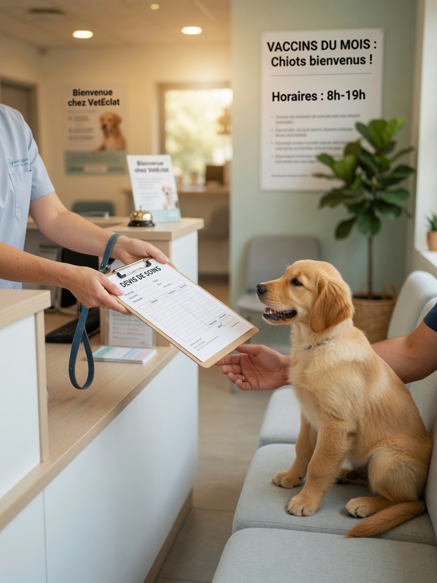 Tierarztassistentin erteilt einem Hundebesitzer einen Kostenvoranschlag an der Empfantstheke