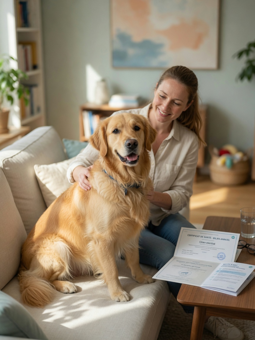 Healthy female Golden Retriever with owner showcasing wellness benefits