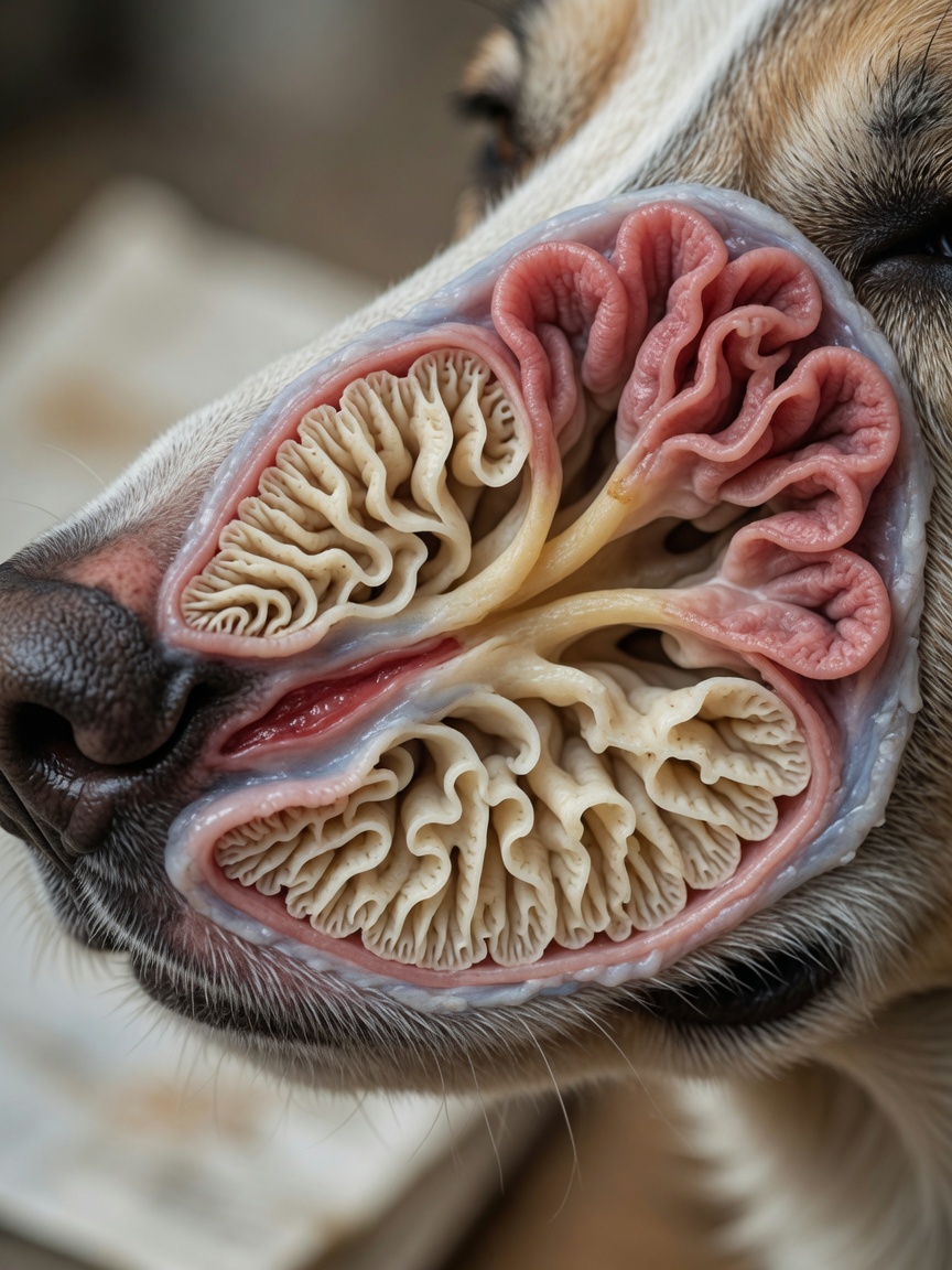 Anatomical visualization of a dog's nasal cavity showing turbinate structures and olfactory epithelium