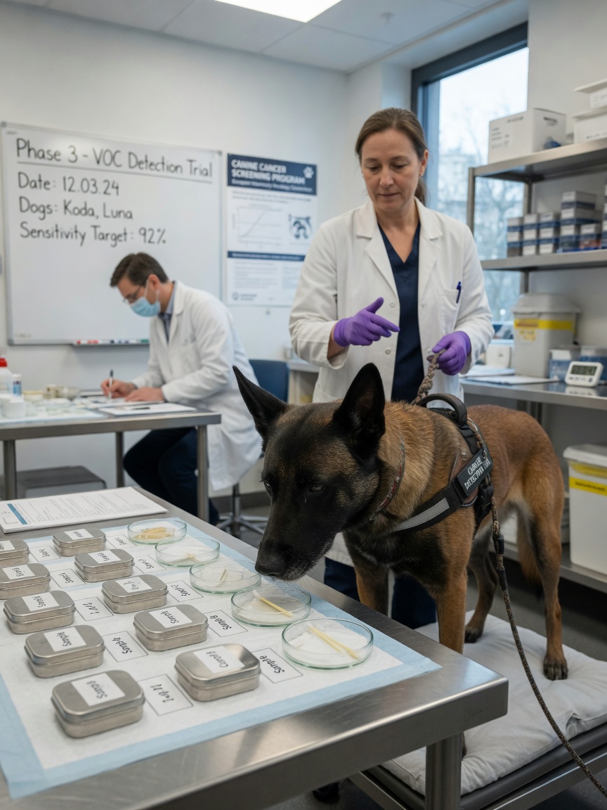 A trained detection dog working with a handler during a controlled cancer research study in a laboratory setting