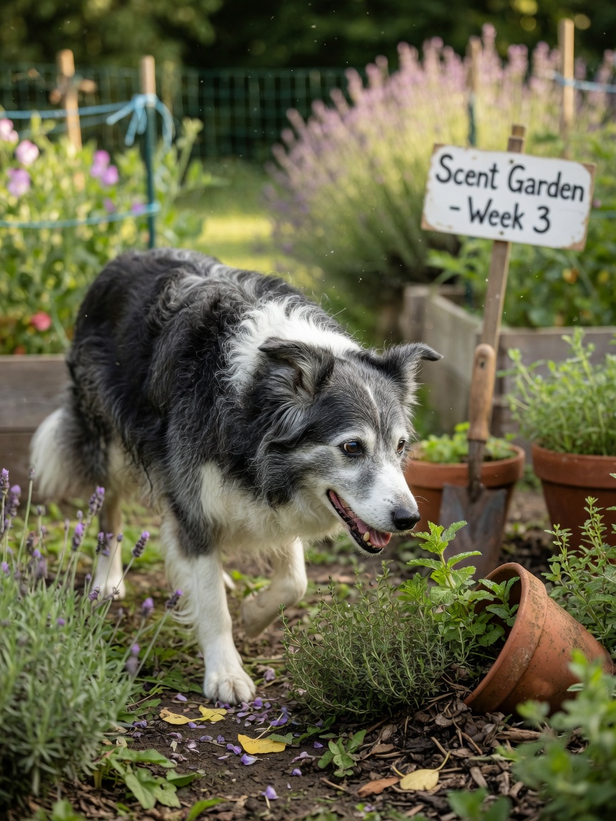 Elderly Border Collie performing outdoor scent work at a comfortable pace, demonstrating low-impact nose work for senior dogs