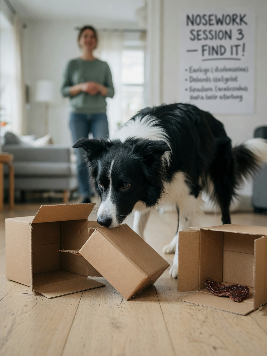 Border Collie intensely investigating hidden treats under overturned boxes during first stage of nose work training