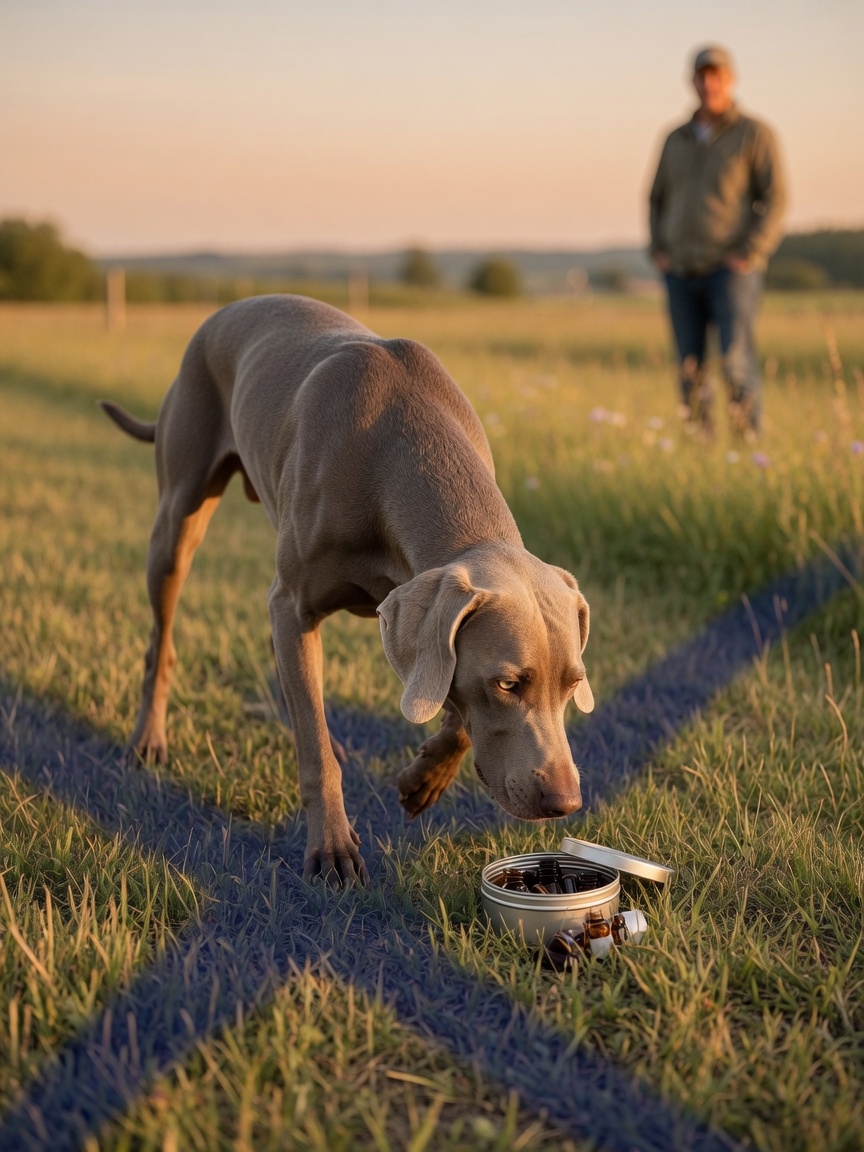 Weimaraner engaged in advanced nose work, searching for target scent outdoors with handler observing at distance