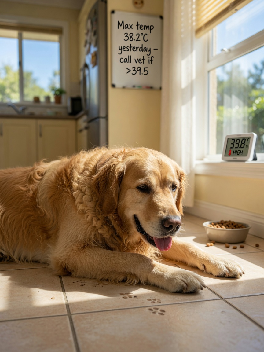Dog lying down lethargic during hot weather, illustrating heat affecting appetite
