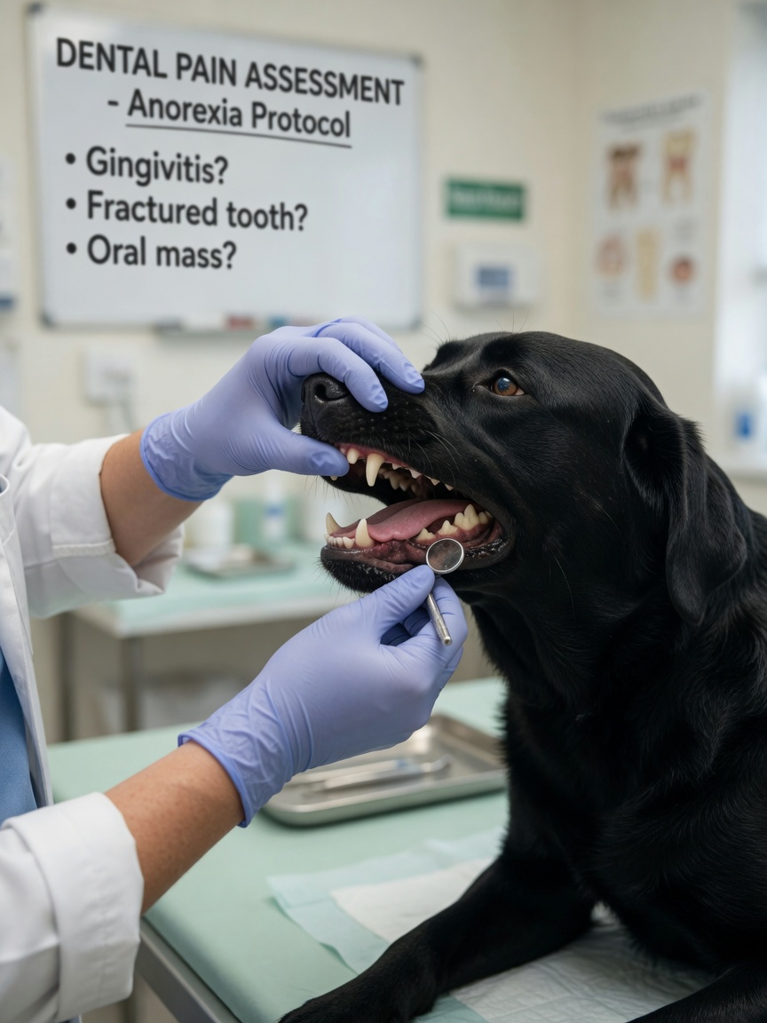 Veterinarian examining a dog's teeth and mouth for dental pain during oral inspection