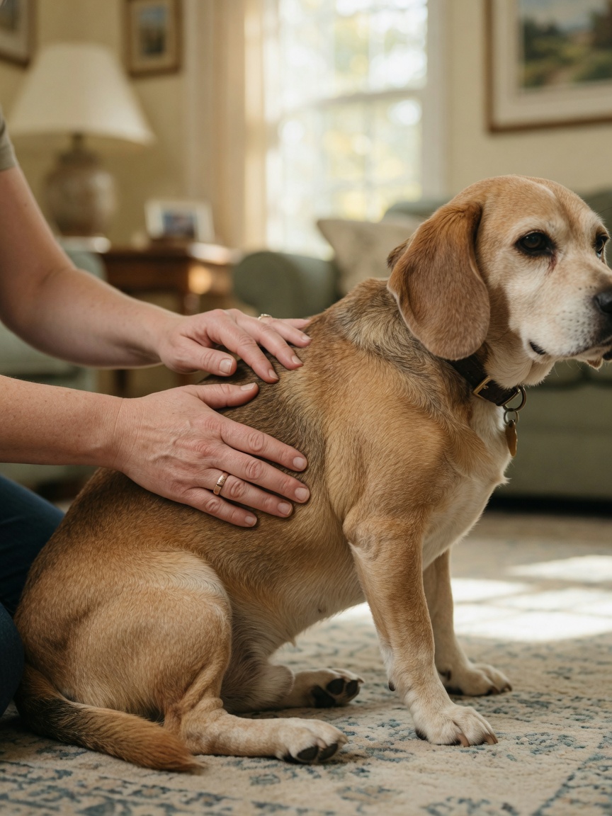 Owner's hands demonstrating proper rib palpation technique on a Beagle to assess body condition at home