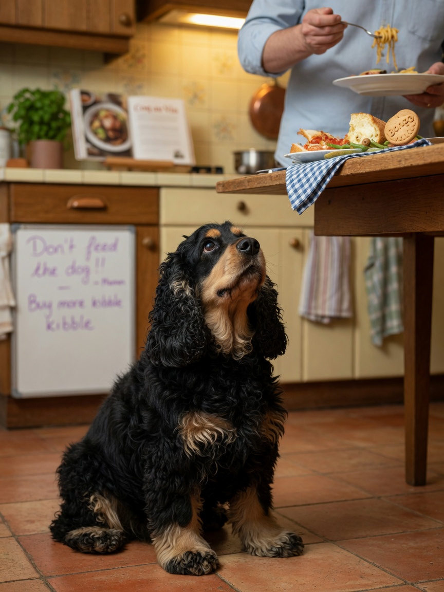A hopeful Cocker Spaniel watching a table with food scraps, illustrating how excessive treats and table scraps contribute to canine weight gain