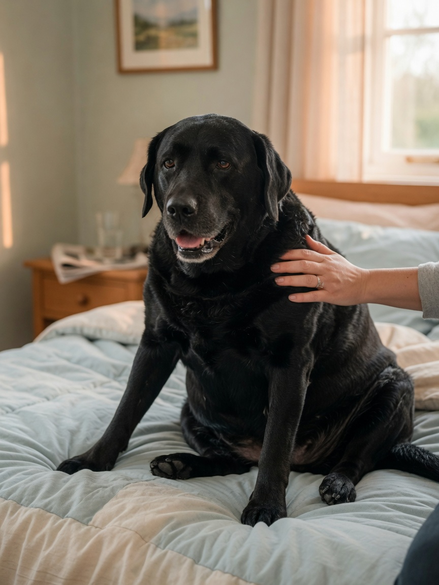 Labrador Retriever sovrappeso che mostra segni di difficoltà respiratoria e di movimento dovuti all'obesità