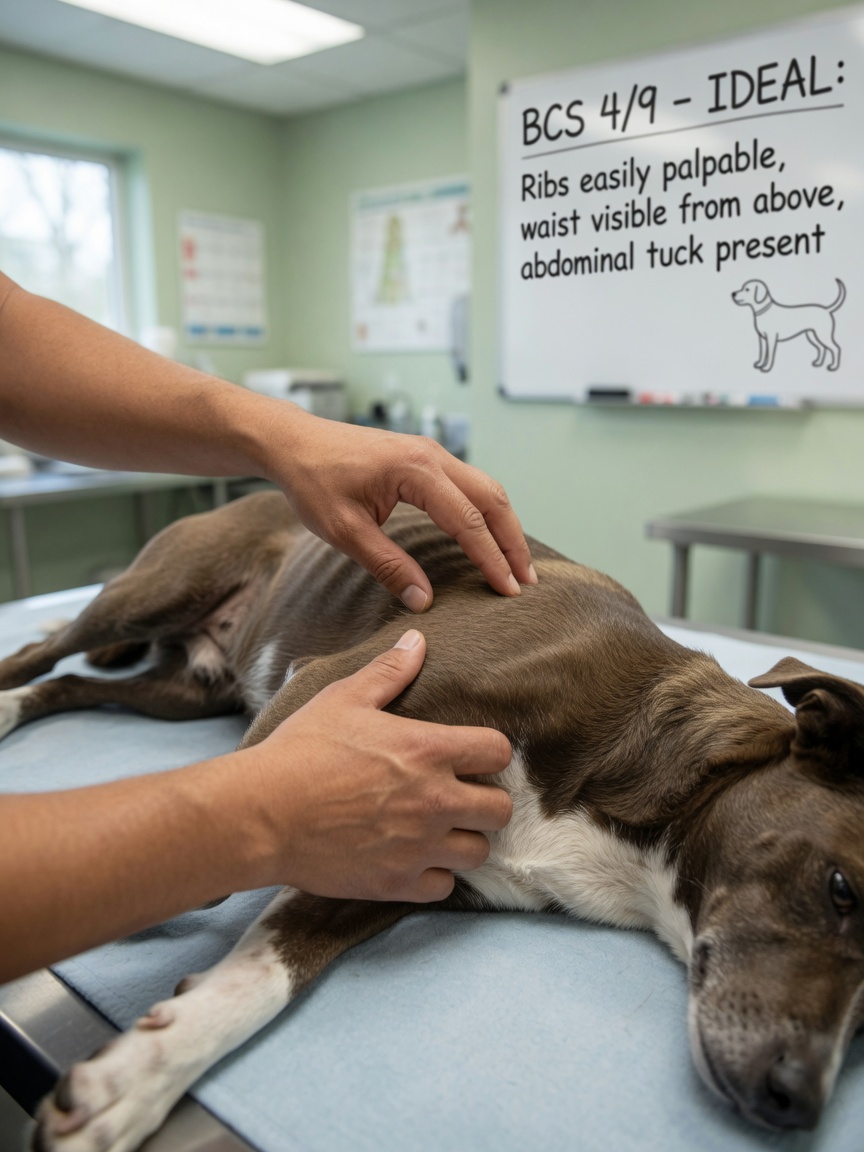 Veterinario che dimostra la corretta tecnica di palpazione dello score della condizione corporea su un cane sano