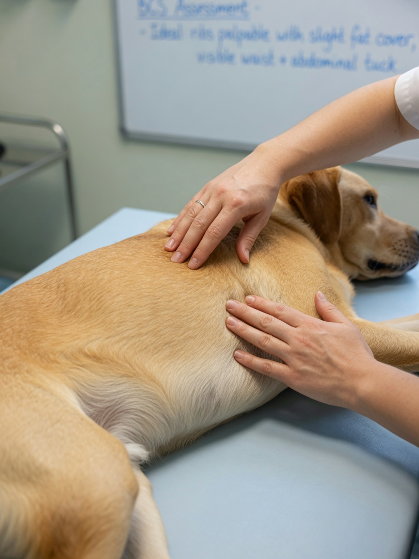 Veterinary hands palpating a dog's ribcage to assess body condition score