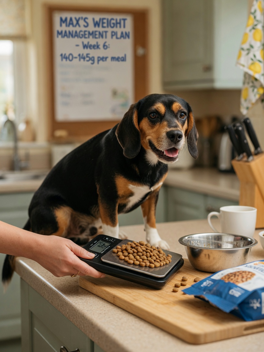 Dog food being precisely measured on a kitchen scale for accurate portion control