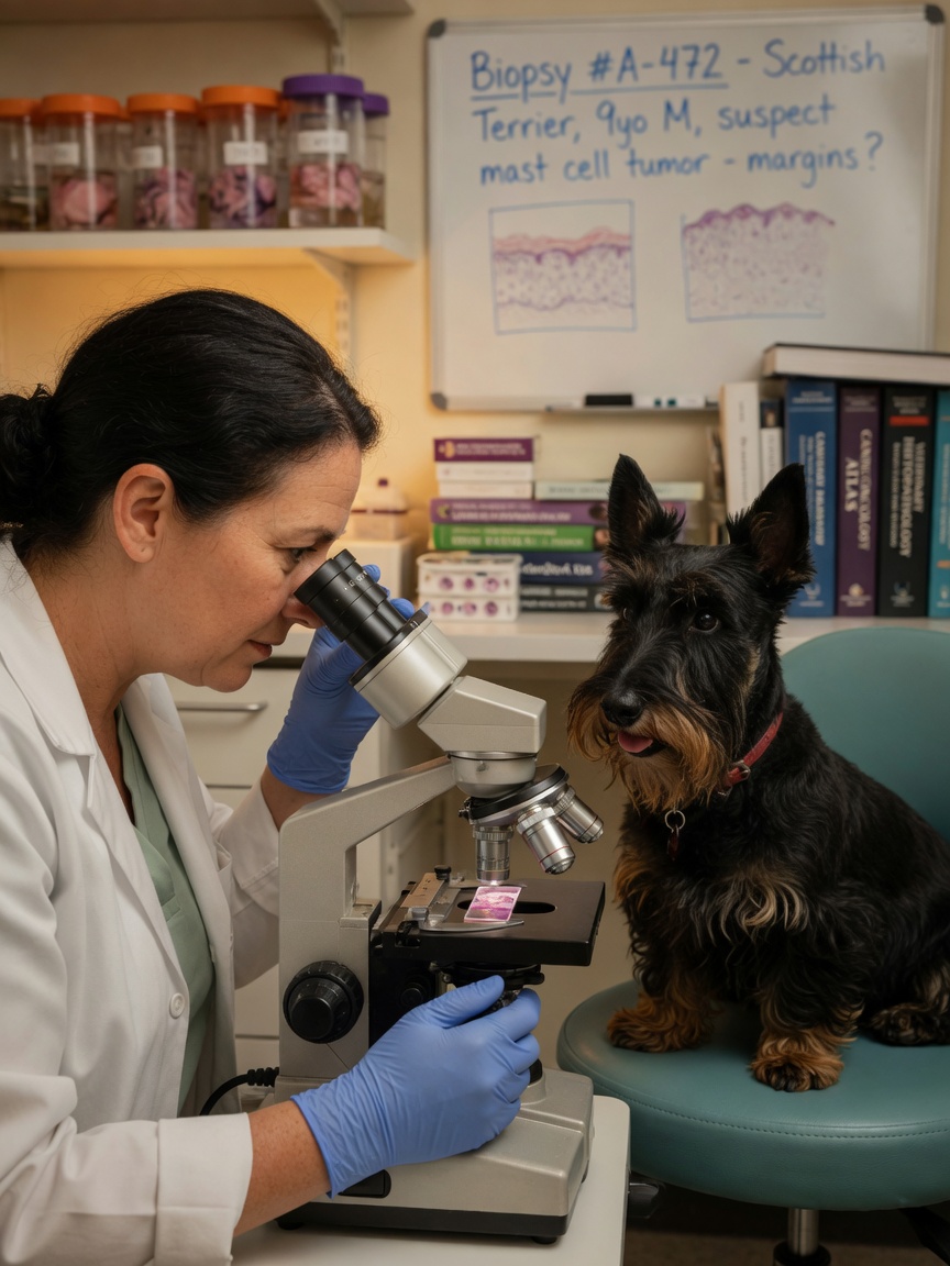 Veterinary pathologist examining oral tumor biopsy sample under microscope with Scottish Terrier present