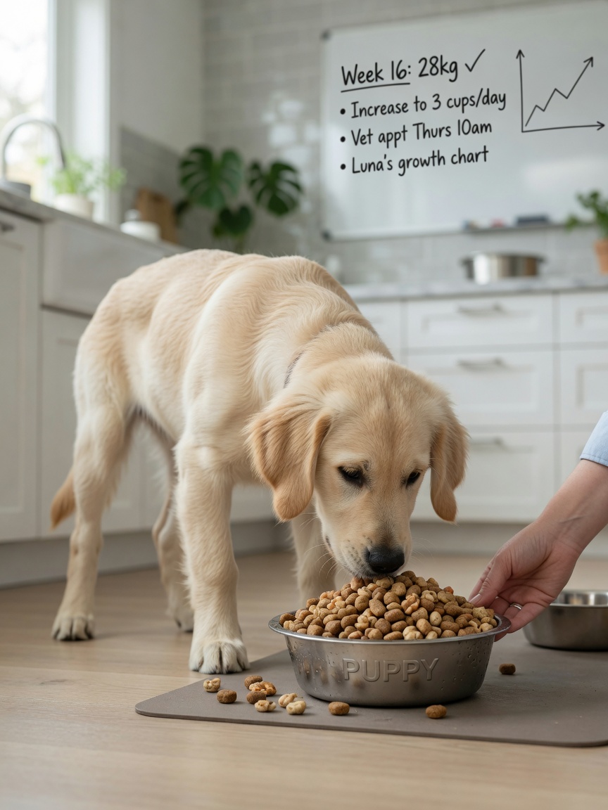 Golden Retriever puppy eating large-breed kibble from a bowl, illustrating rapid growth and dietary factors in osteochondrosis development