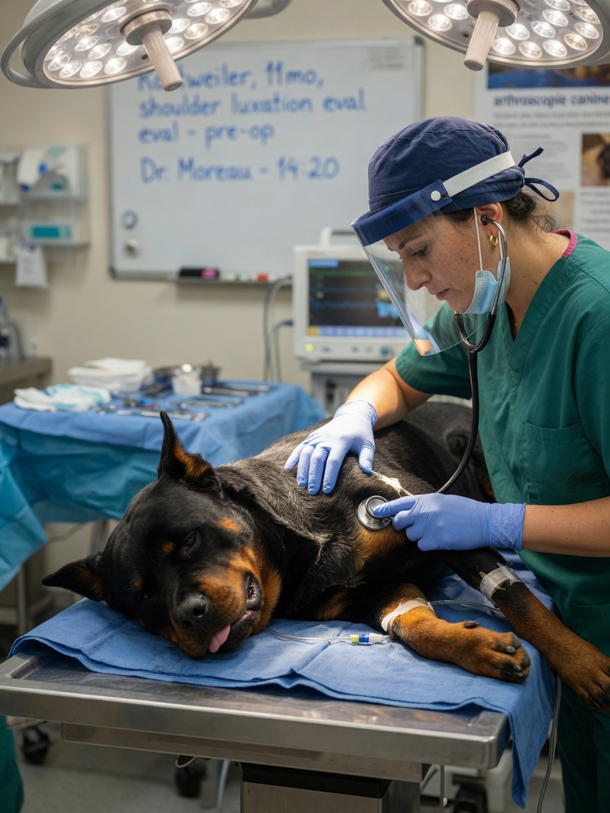 Veterinary surgeon examining sedated Rottweiler's shoulder joint during arthroscopic procedure planning for osteochondrosis treatment
