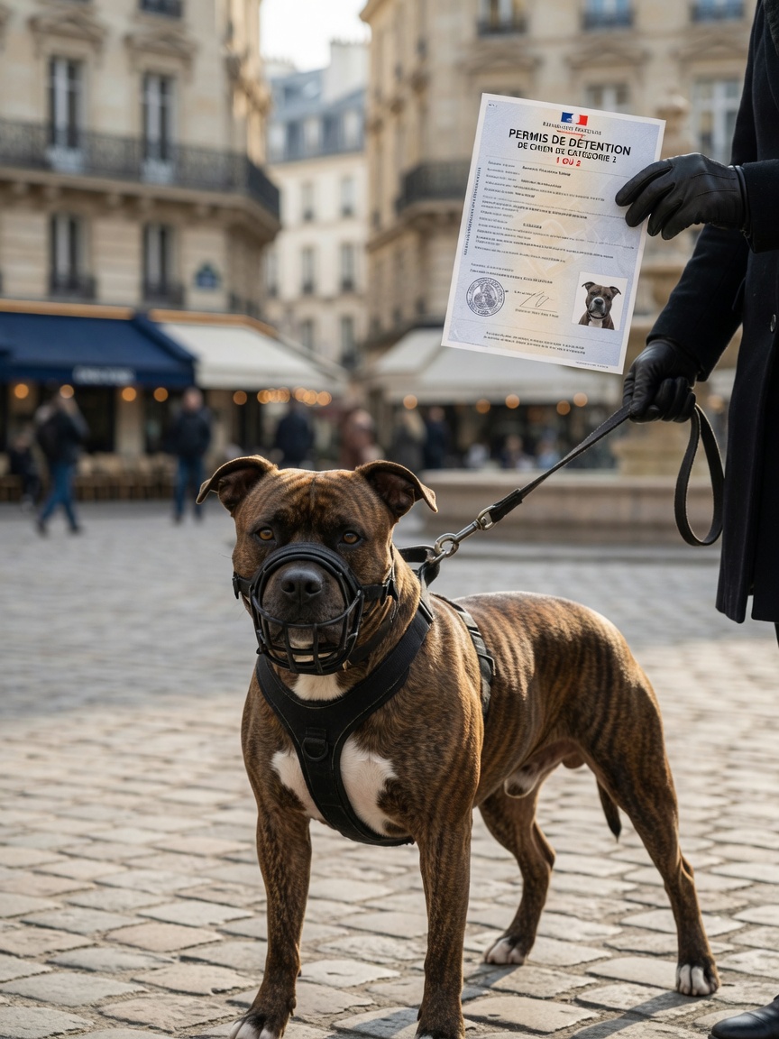 American Staffordshire Terrier with muzzle and lead in public space with owner holding permits