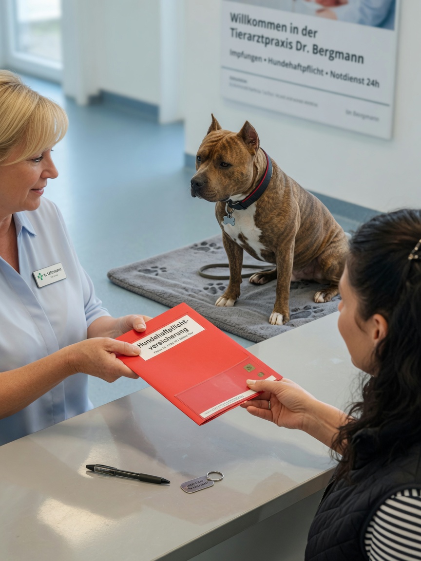 Veterinary receptionist handing dog liability insurance folder to owner with American Staffordshire Terrier in clinic
