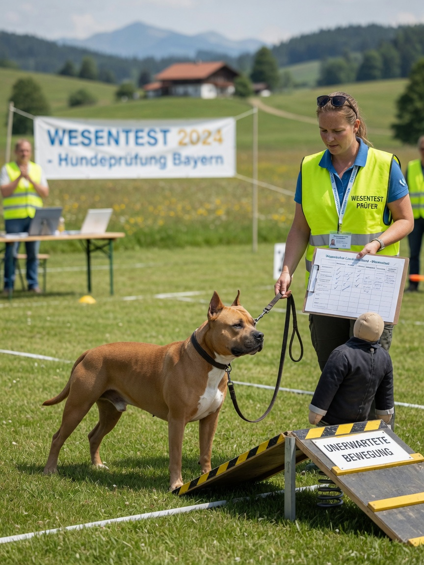 American Staffordshire Terrier undergoing Wesenstest behavioural assessment in Bavaria with examiner