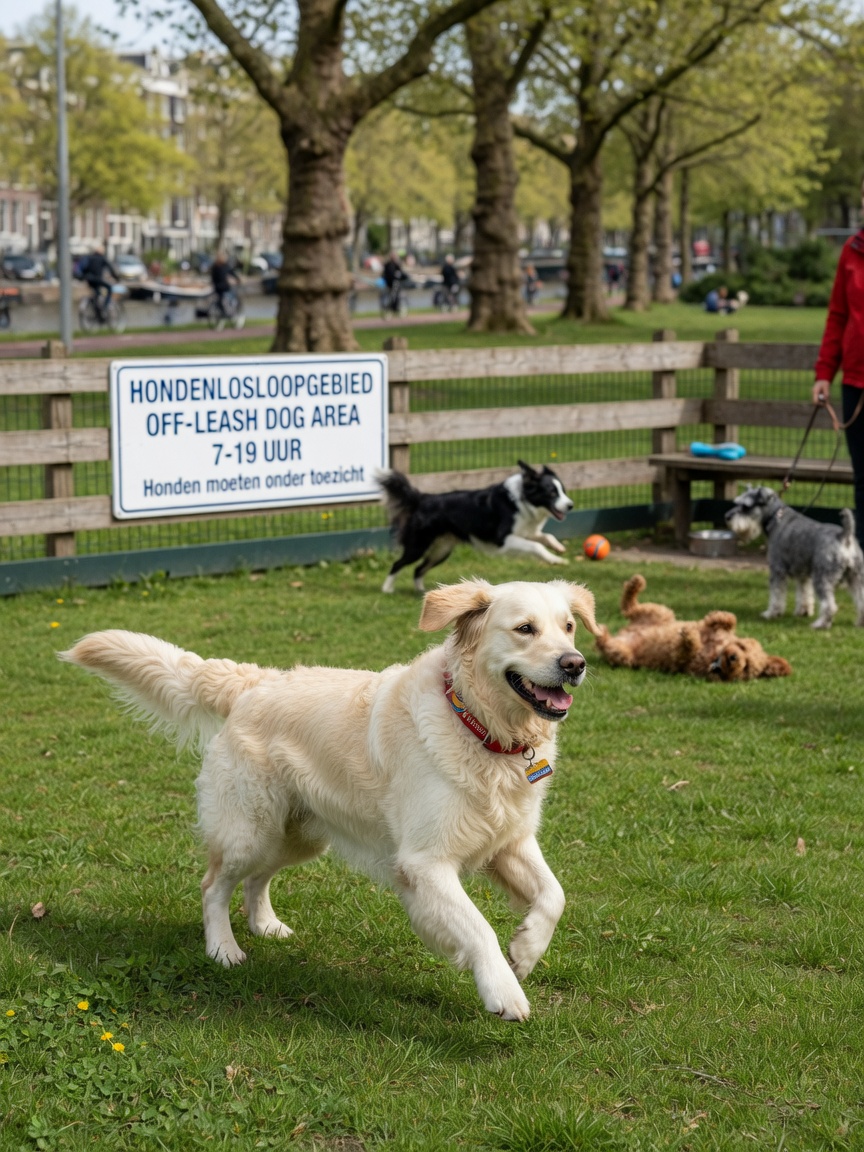 Golden retriever with cream coat running off-lead in a designated dog park area in Amsterdam with wooden fence and trees
