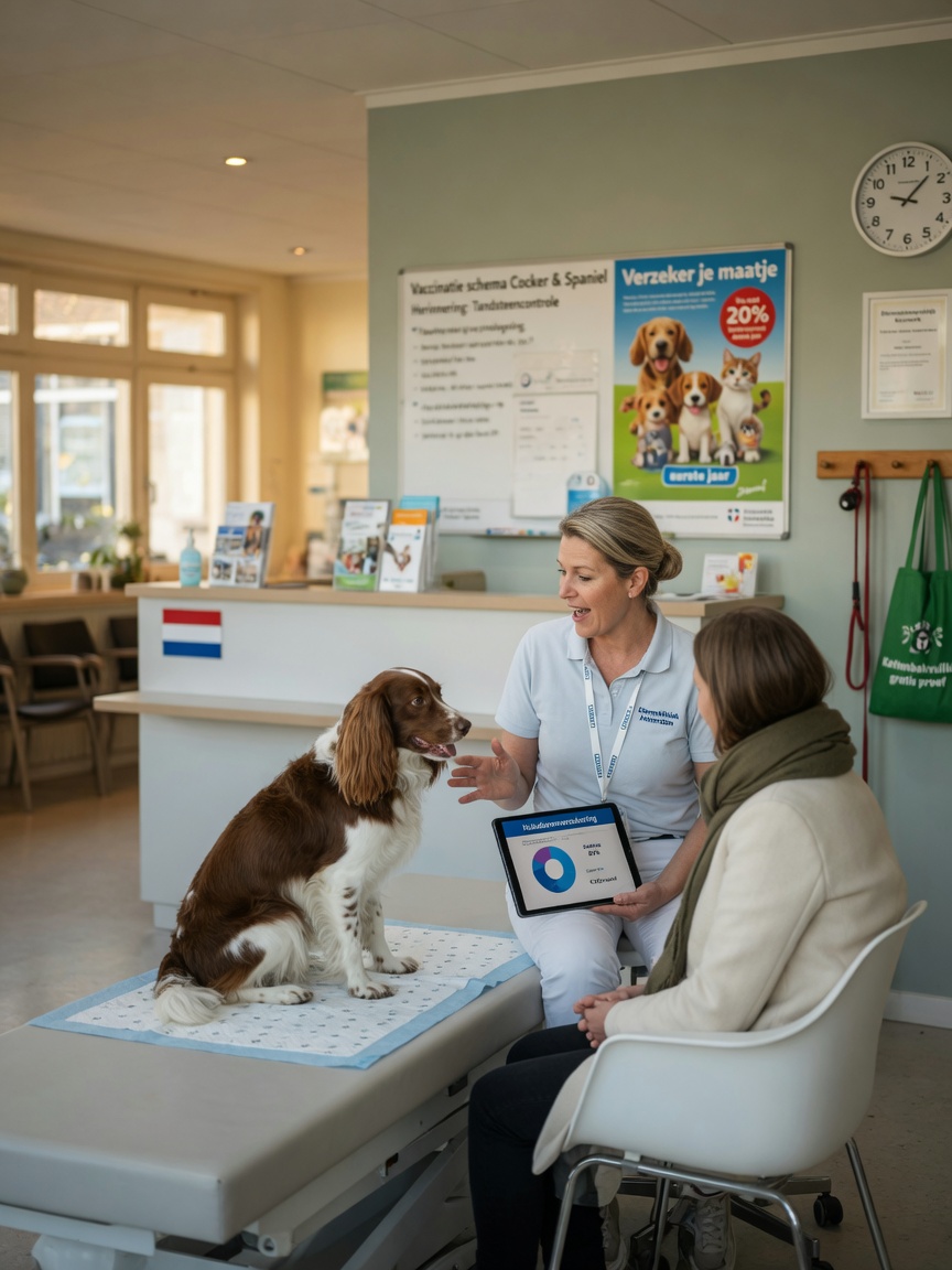 Veterinarian discussing pet insurance options with dog owner and brown and white spaniel dog in a Dutch clinic