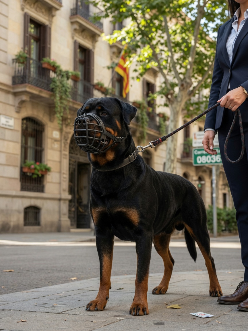 A properly muzzled and leashed Rottweiler on a Spanish city street, demonstrating PPP compliance