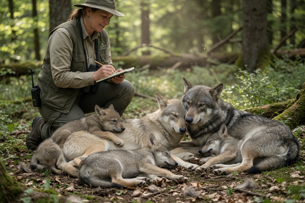A wildlife researcher observing a wild wolf family group resting peacefully together in their natural forest habitat, demonstrating cooperative family behavior.