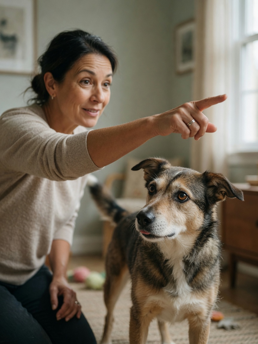 A dog making direct eye contact with an owner and responding to their pointing gesture, demonstrating the unique human-dog communication bond.