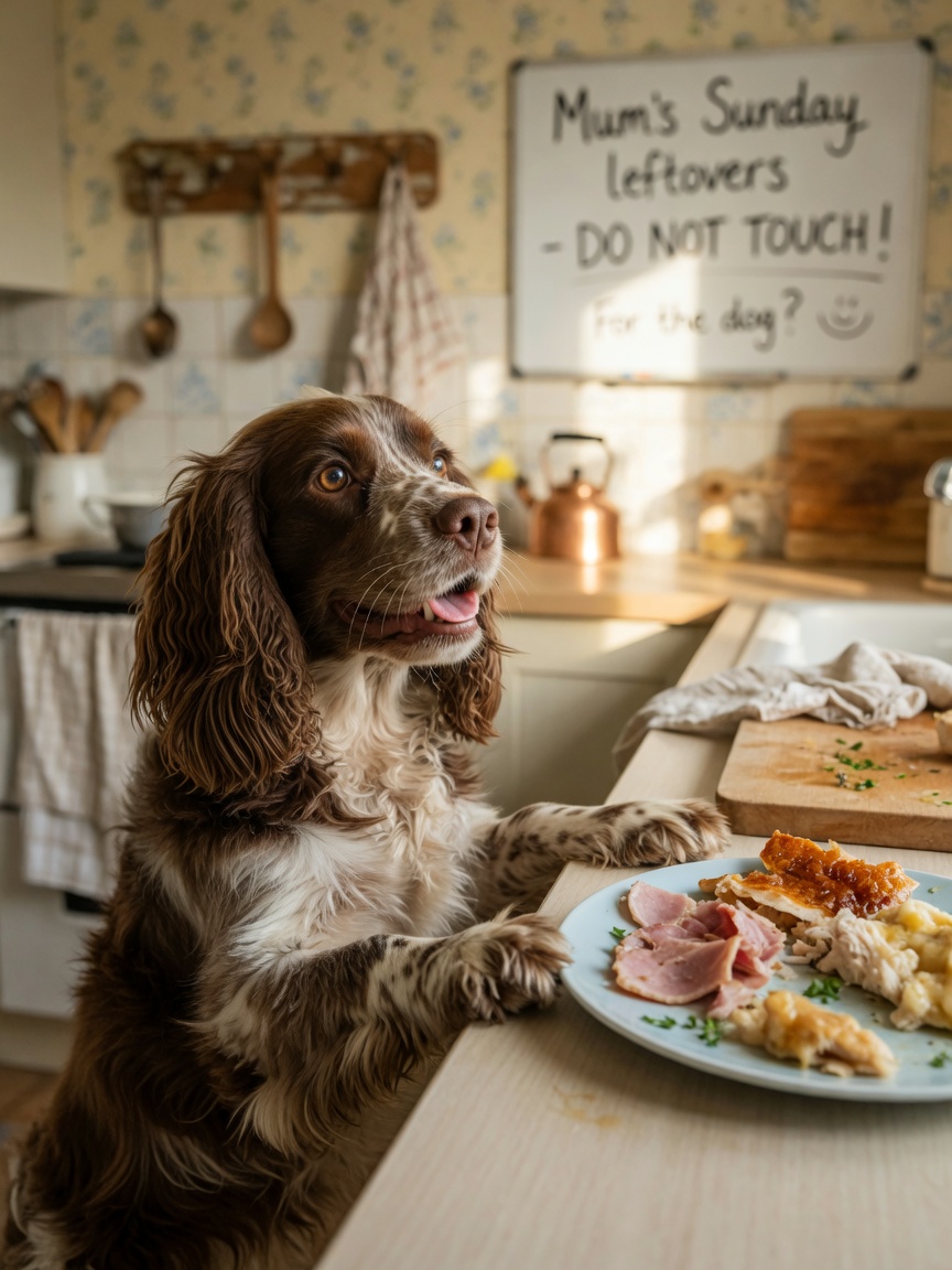Cocker Spaniel tempted by fatty table scraps on kitchen counter, illustrating common pancreatitis trigger