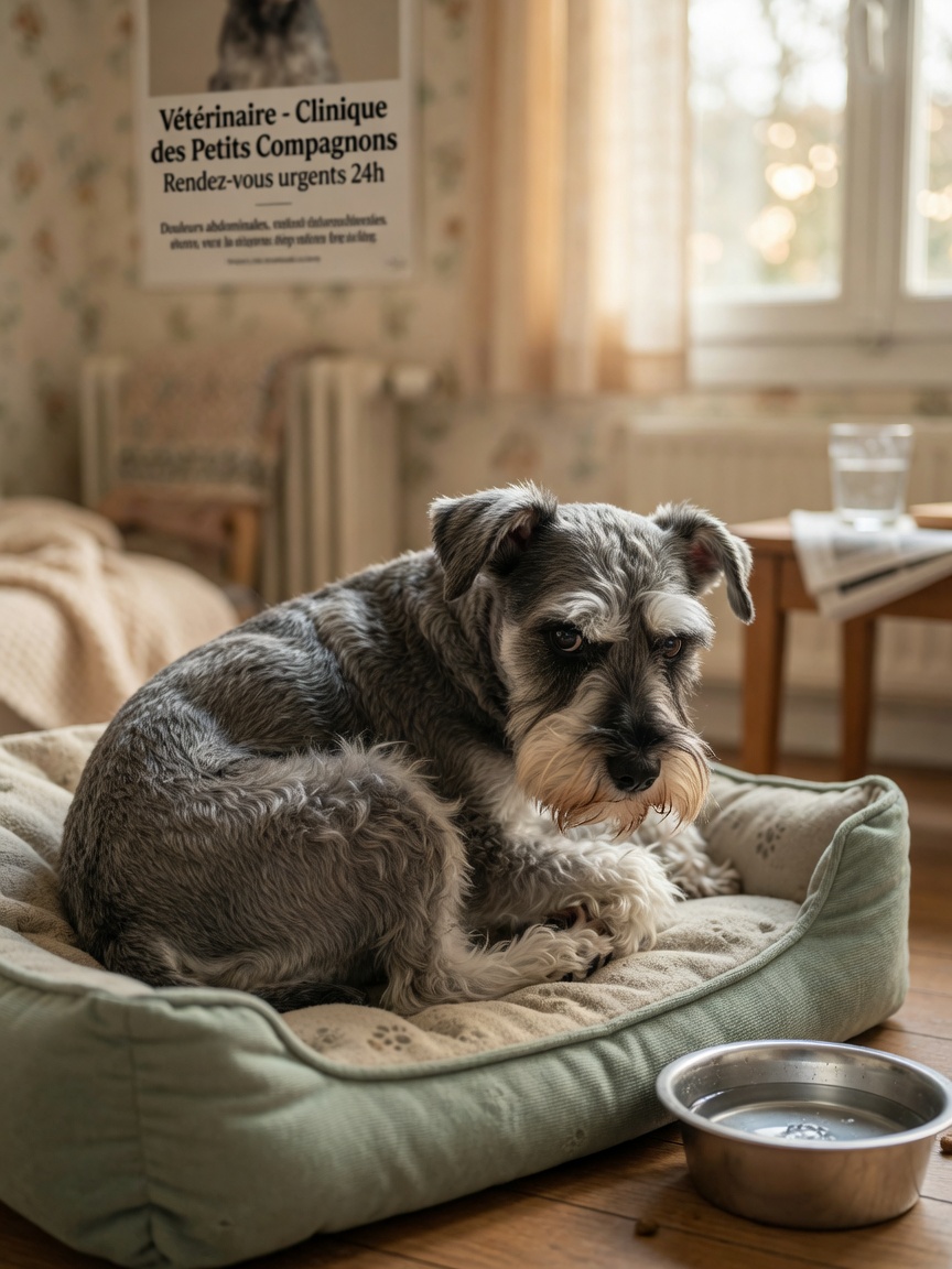 Miniature Schnauzer showing signs of chronic pancreatitis: lethargy, hunched posture, and loss of appetite