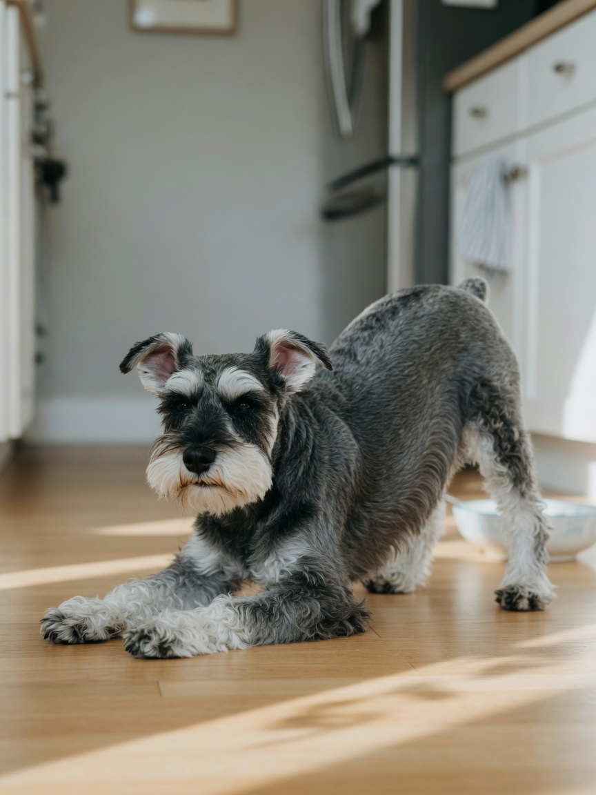 Miniature Schnauzer in prayer posture showing abdominal pain characteristic of pancreatitis