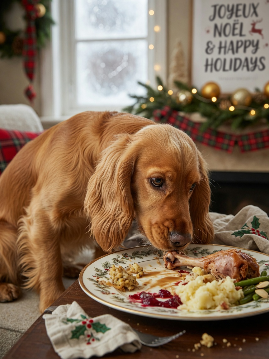 Cocker Spaniel tempted by fatty holiday food scraps on table, illustrating high-fat diet risk factor