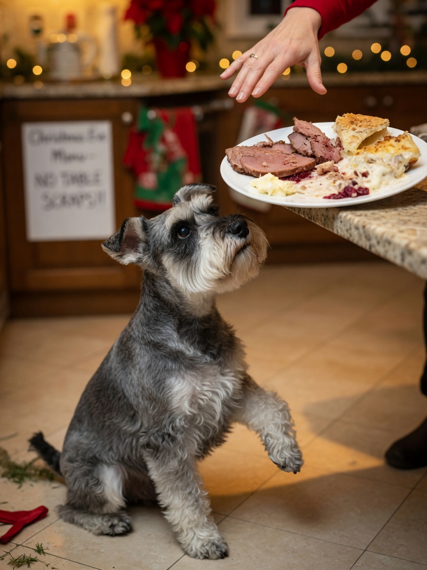 Miniature Schnauzer tempted by fatty holiday food scraps on kitchen counter, illustrating high-fat meal trigger for pancreatitis
