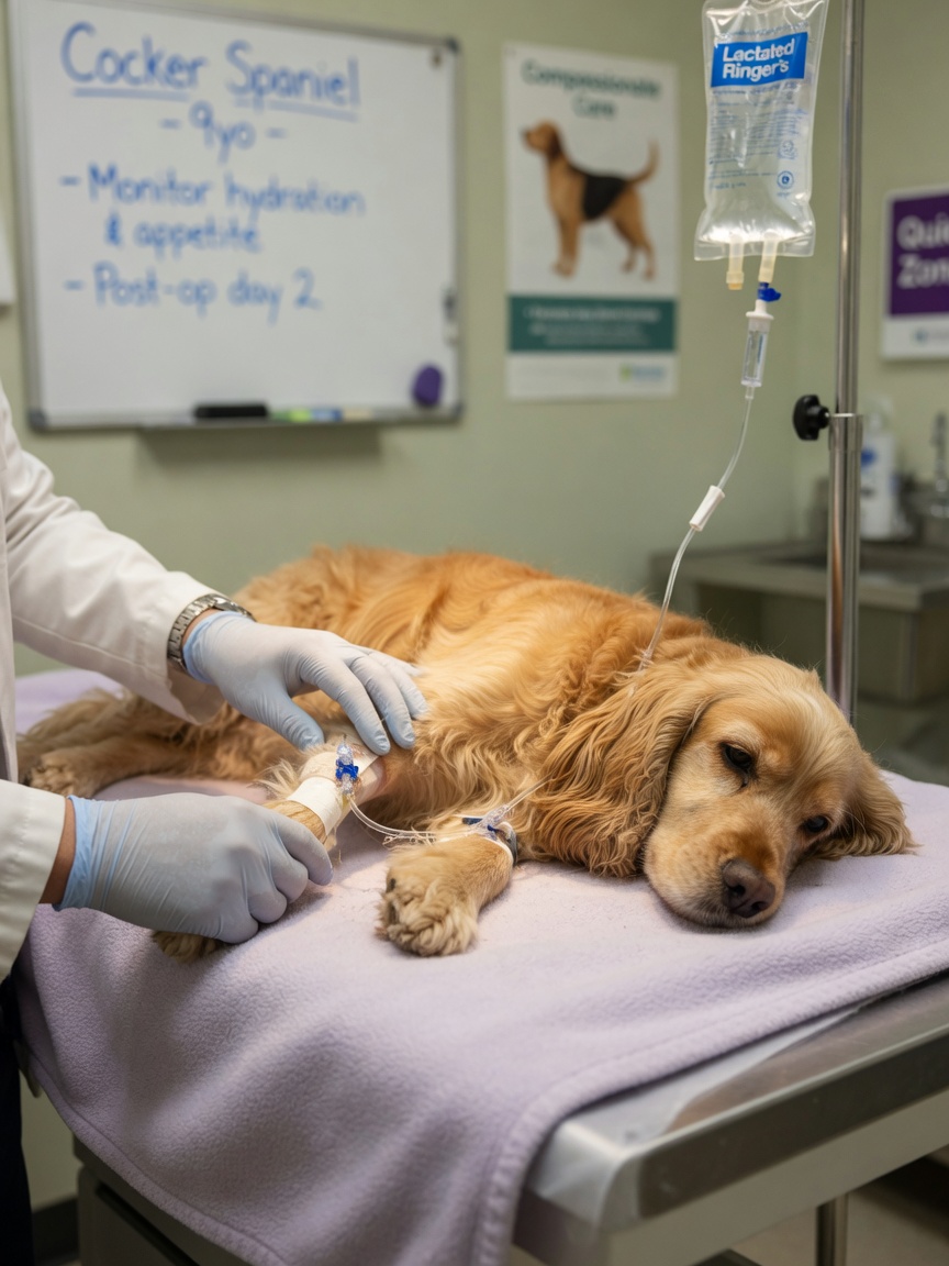 Cocker Spaniel receiving intravenous fluid therapy during pancreatitis treatment in veterinary clinic