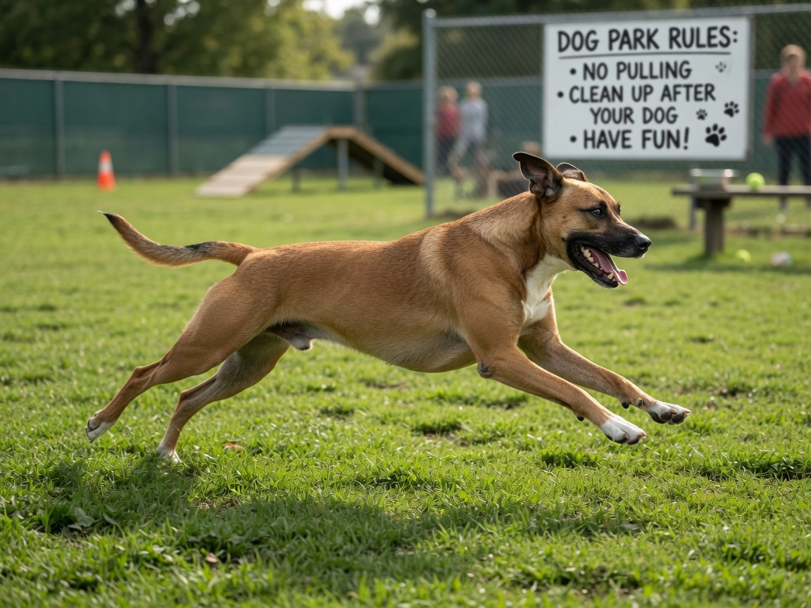 Athletic dog sprinting with pure joy across a grassy dog park