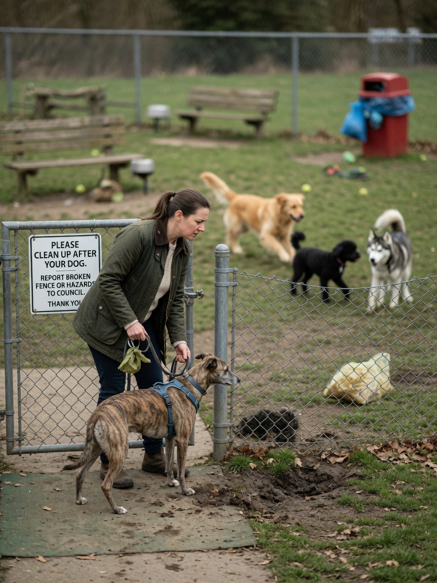 Owner carefully assessing dog park conditions before releasing their dog