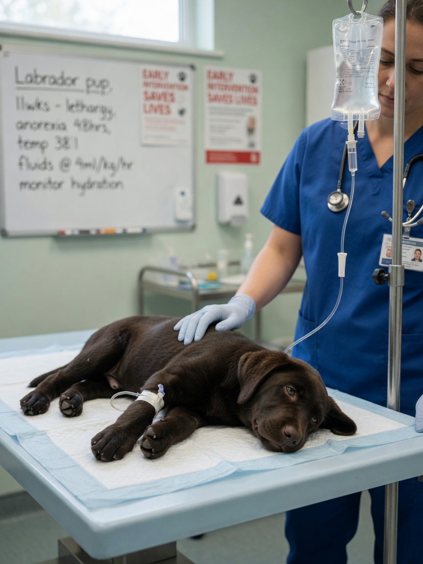 Sick puppy receiving intensive veterinary care with intravenous fluid therapy for parvovirus