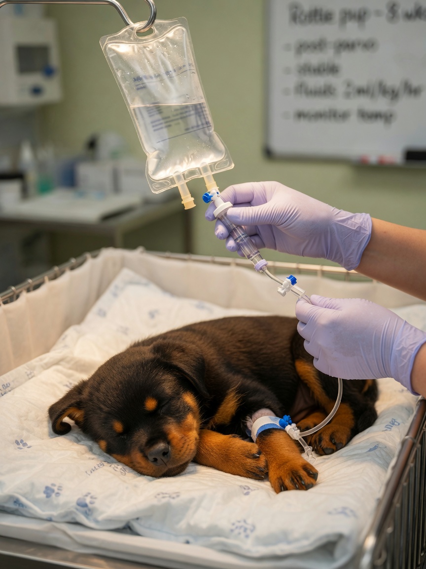 Hospitalized puppy receiving intravenous fluid therapy during parvovirus treatment