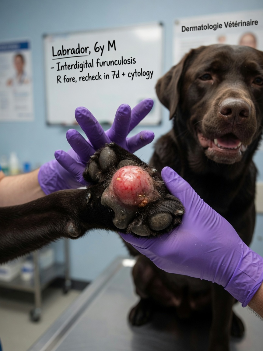 Close-up of a Labrador Retriever's paw showing red swollen interdigital cyst between the toes being examined by a veterinarian