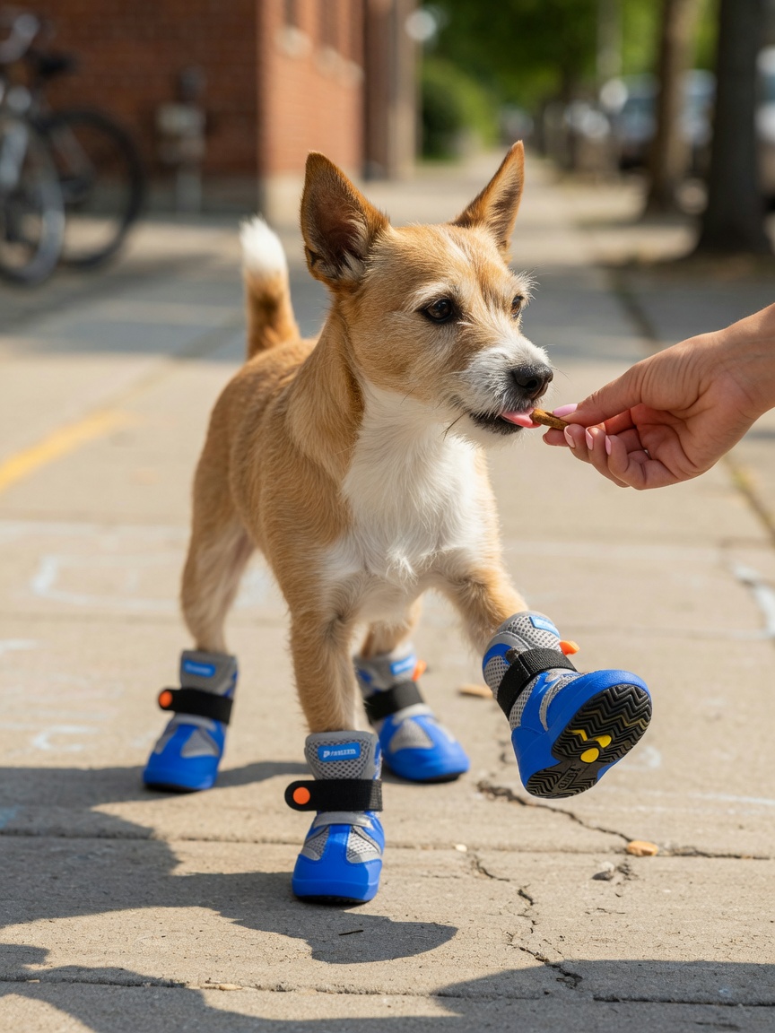 Small dog wearing summer protective booties on urban pavement, demonstrating high-stepping gait during acclimation