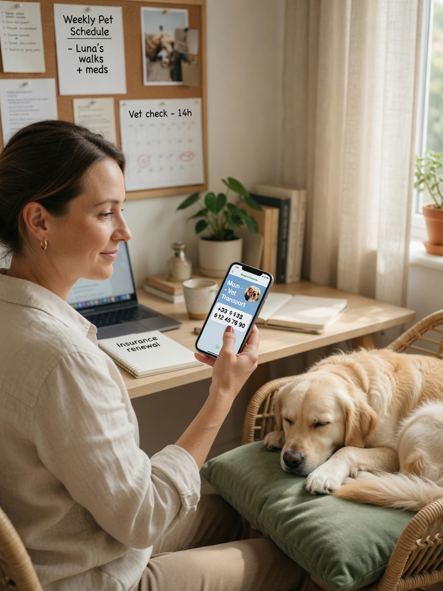 Woman saving poison control number in phone contacts with dog resting nearby
