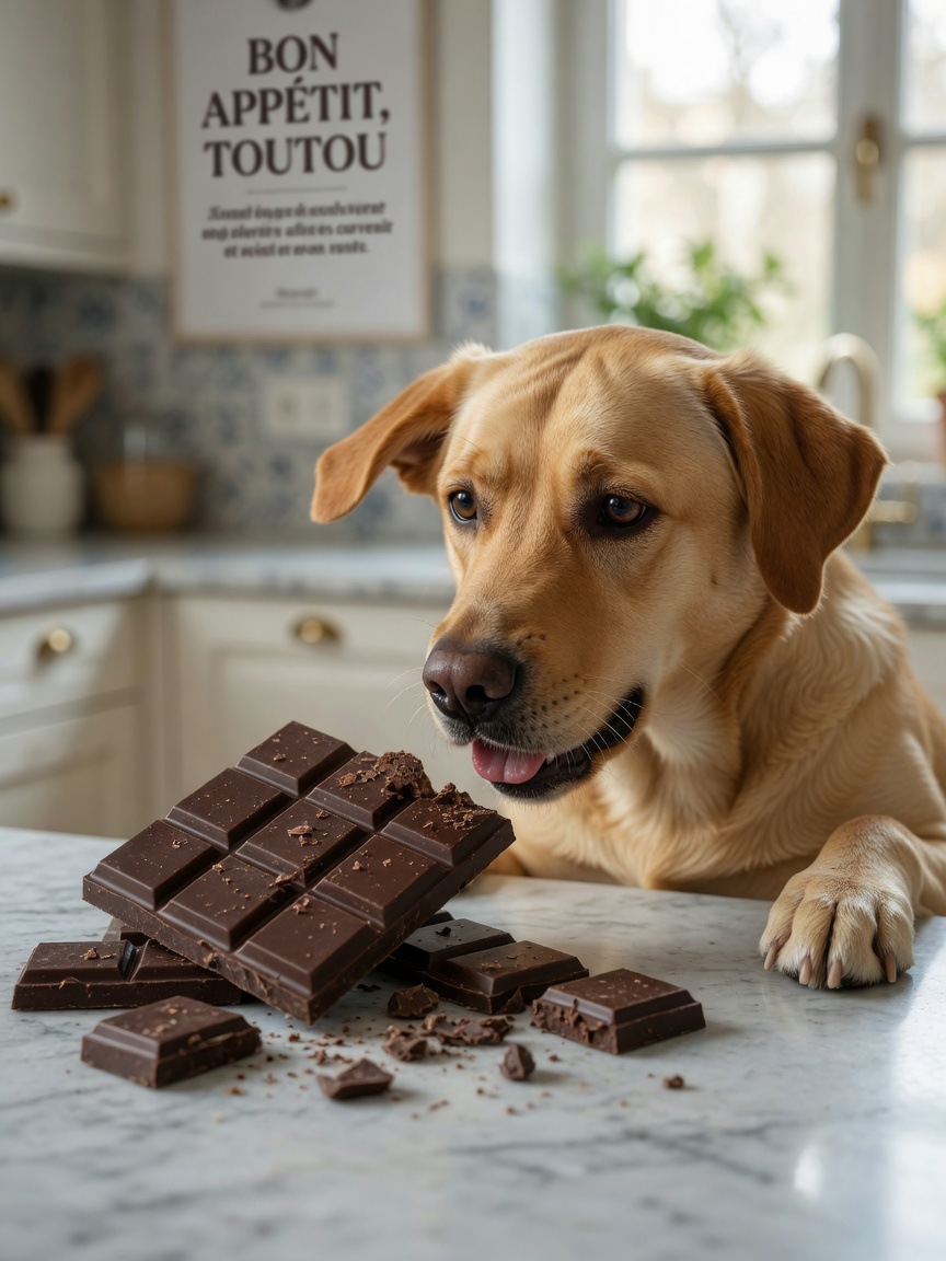 Golden Labrador sniffing chocolate on kitchen counter, showing toxin danger