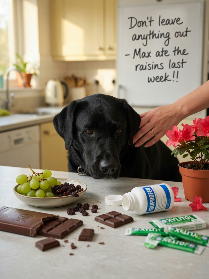 Common toxic household items on kitchen counter with curious Labrador being redirected by owner